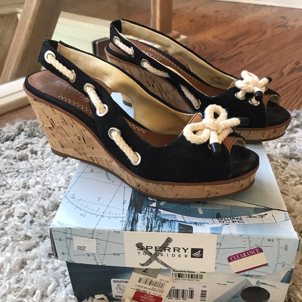 Sperry Top Sider women’s wedge heels, size 7, black and ivory